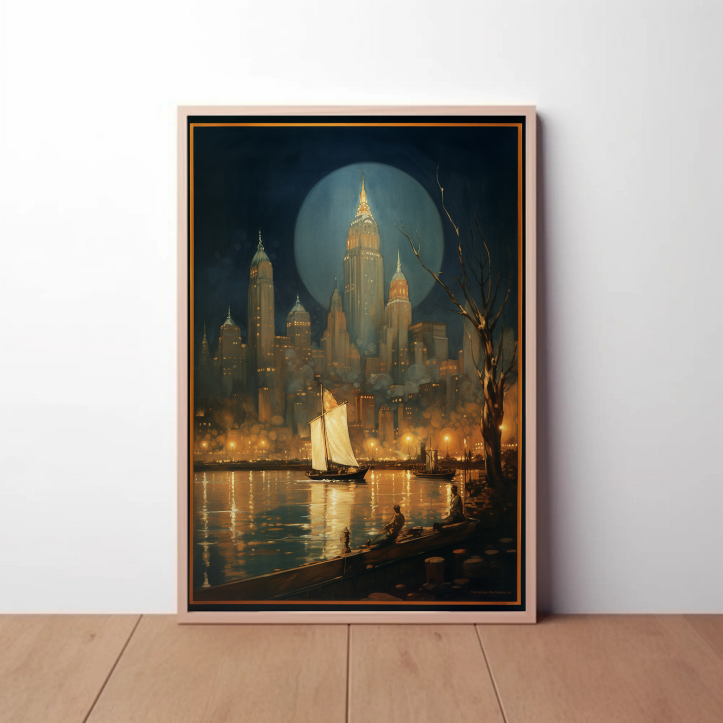 New York City Night Lights and Boat Travel Poster