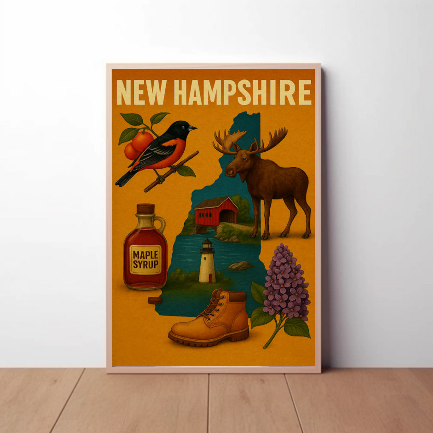 New Hampshire Icons Moose Maple Syrup Nature Pride Travel Poster Travel Poster