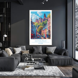 Edinburgh Street Scene with Castle Travel Poster