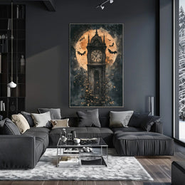 The poster features a tall, Gothic-style clock tower standing prominently at the center. Travel Poster