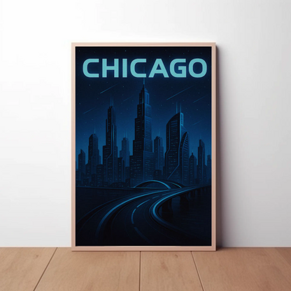 Chicago Futuristic Night Cityscape Blue Lights Travel Poster
