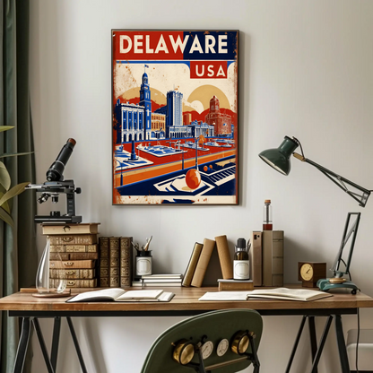 Delaware Waterfront Skyline Retro USA Vintage Maroon Travel Poster