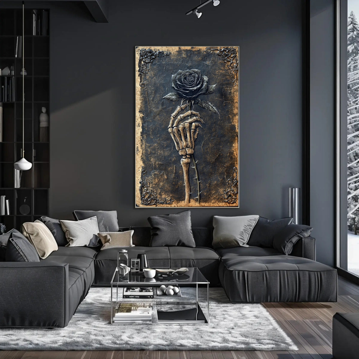 Skeletal Hand with Rose: Abstract, Artistic, or Pop Culture Poster