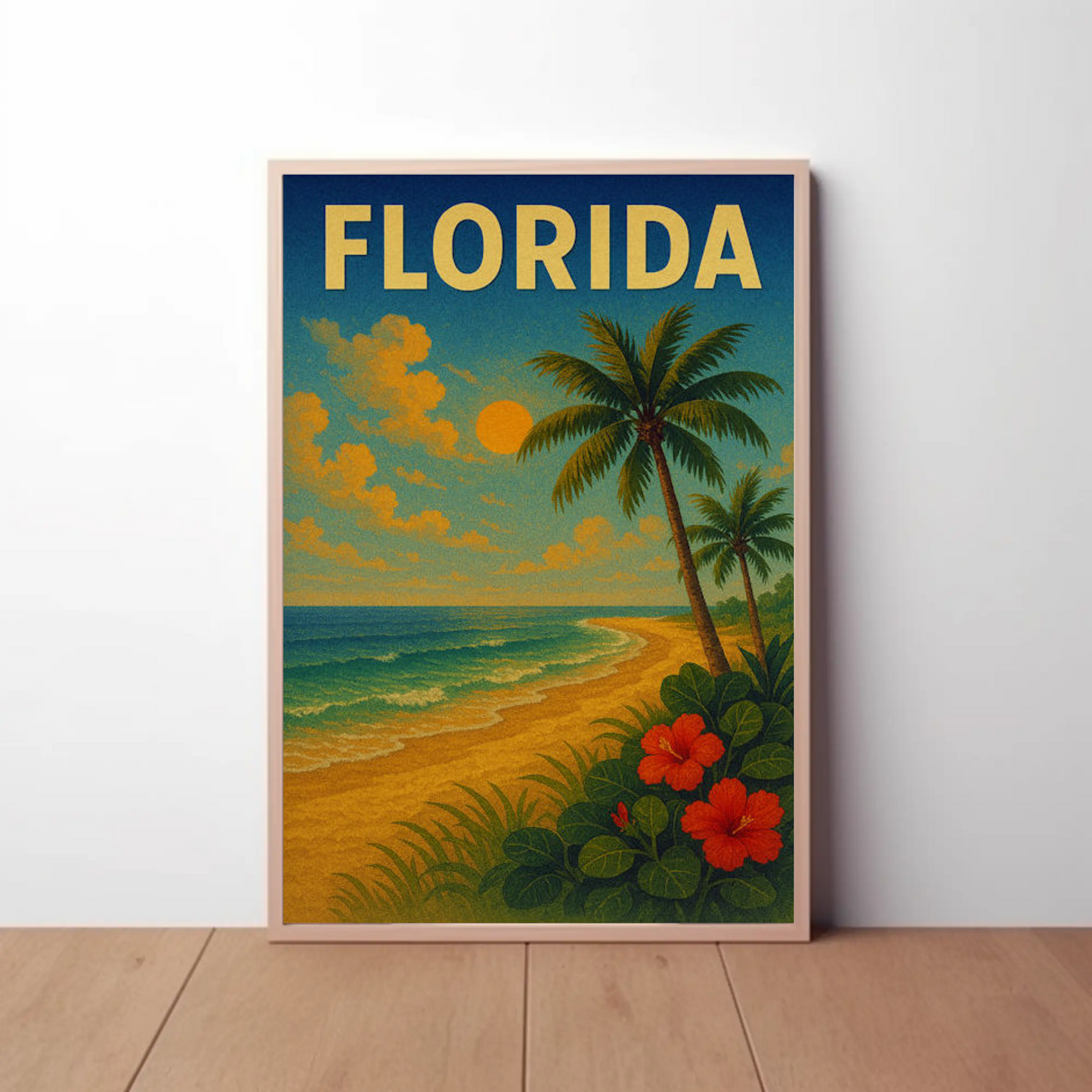 Florida Beach Palm Trees Hibiscus Flowers Travel Poster