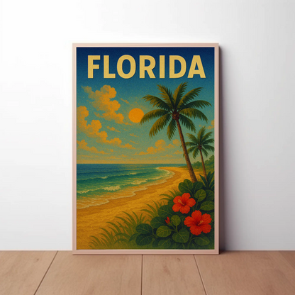 Florida Beach Palm Trees Hibiscus Flowers Travel Poster
