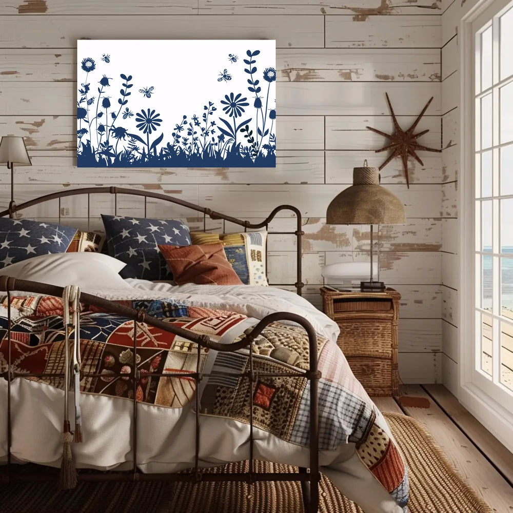Garden Harmony: Blue Silhouette Bee and Flower Poster