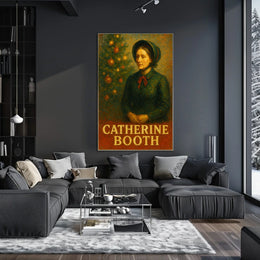This stylized poster features an artistic depiction of a woman labeled "Catherine Booth." Travel Poster