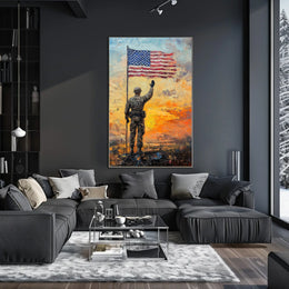 soldier saluting the American flag at sunrise Poster