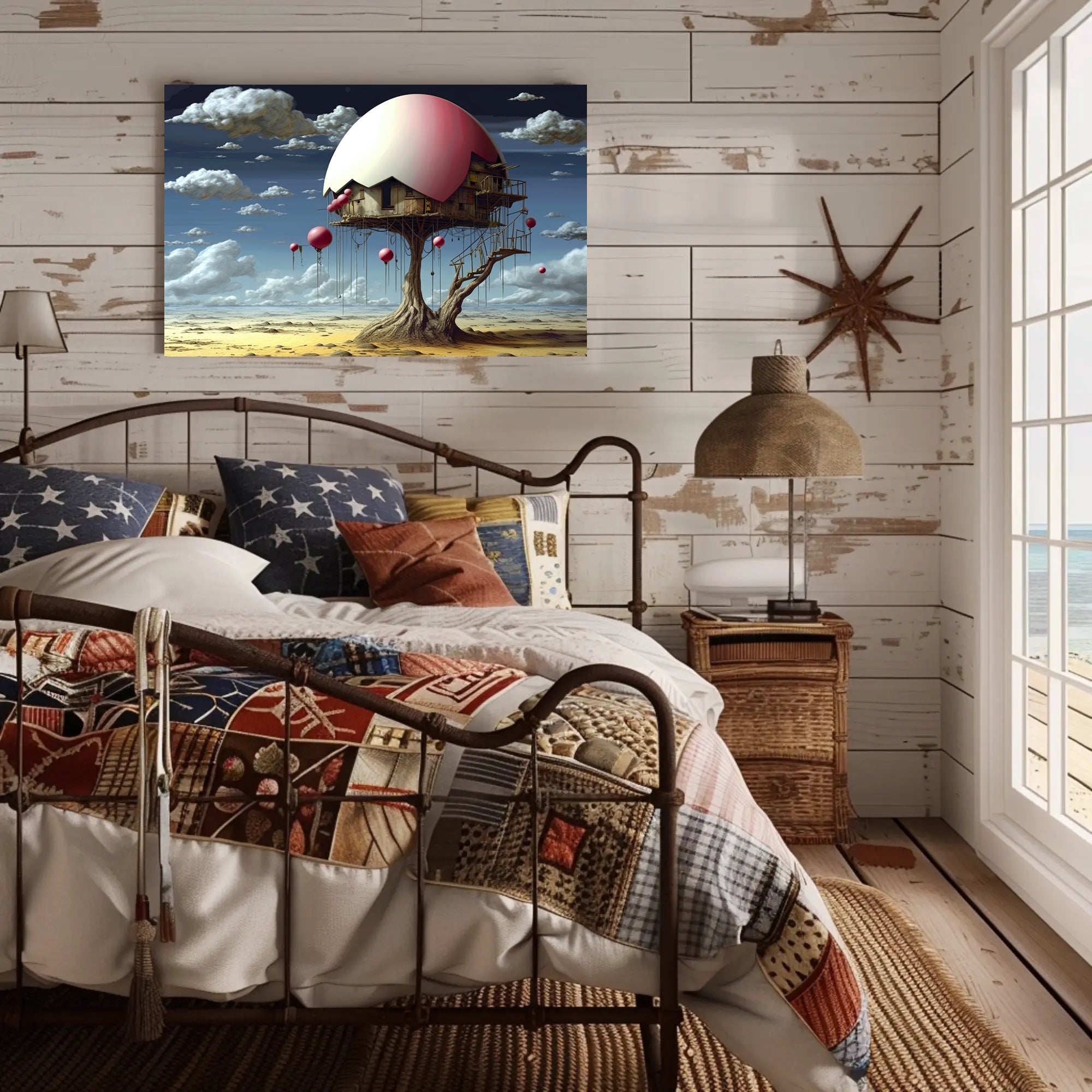 Surreal Desert House with Whimsical Balloons Artistic Poster