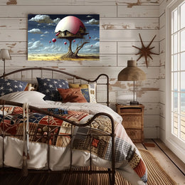 Surreal Desert House with Whimsical Balloons Artistic Poster