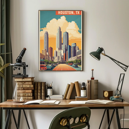 Houston Texas Skyline Classic Cars Sunset Vintage Travel Poster