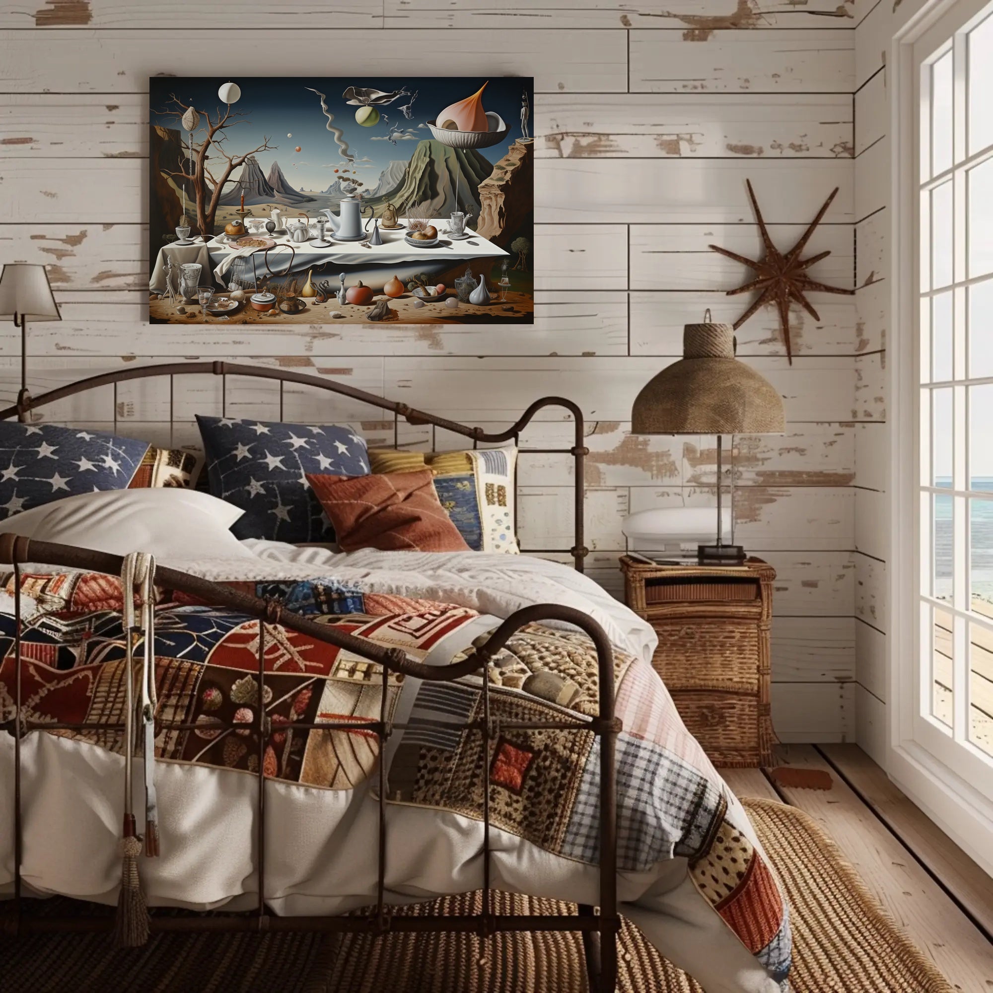 Surreal Dreamscape with Chaotic Still Life Artistic Poster