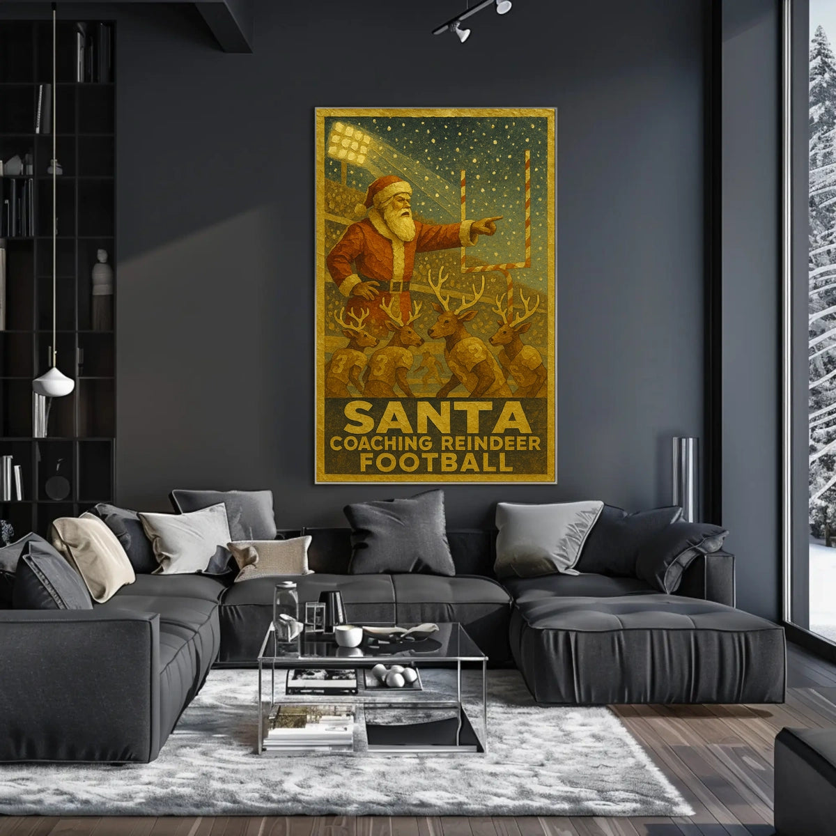 Santa Coaching Reindeer Football Poster