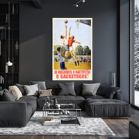 Dynamic Vintage Basketball Scene with Soviet Propaganda Sports Poster