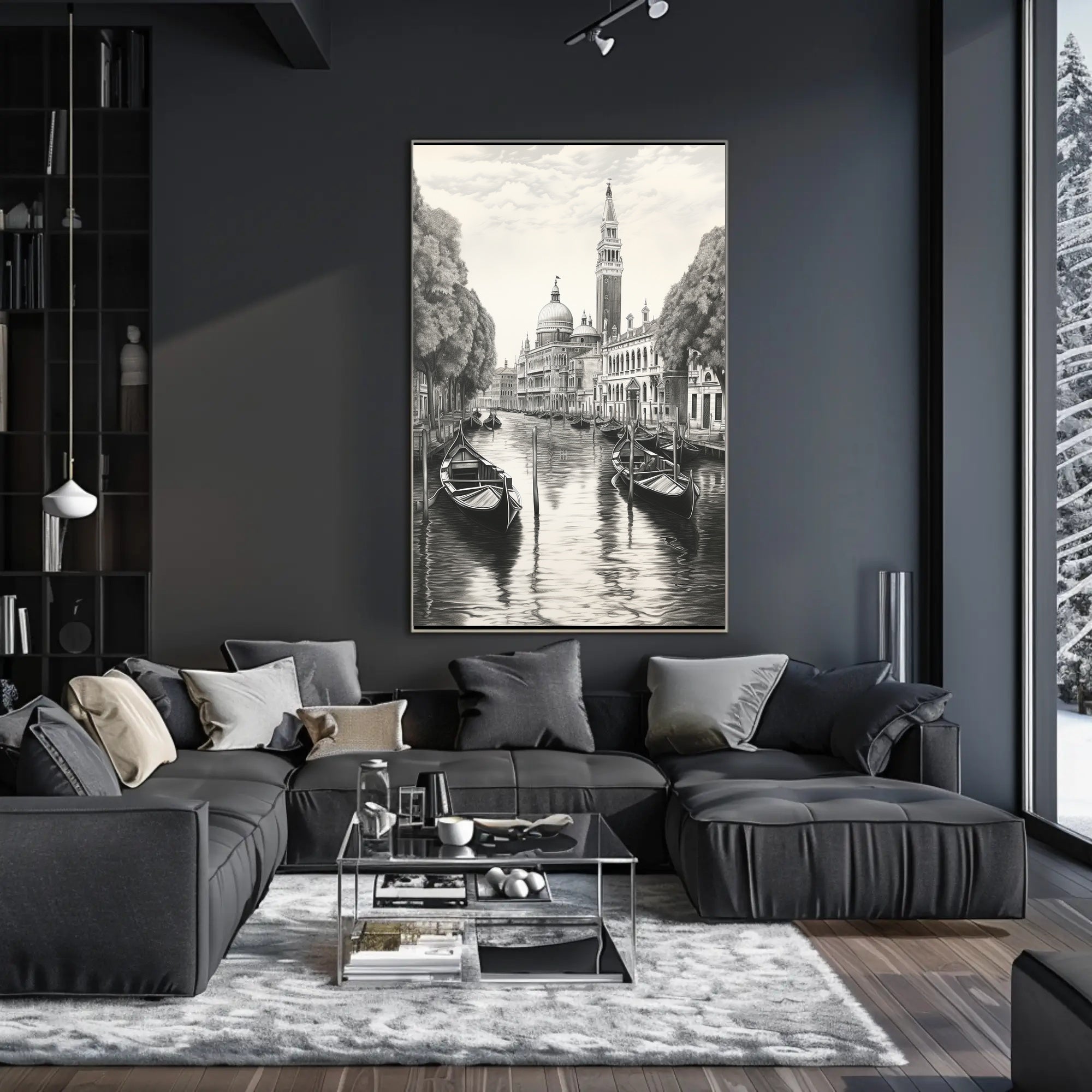 Venetian Canal Scene Monochrome Cultural or Heritage Poster