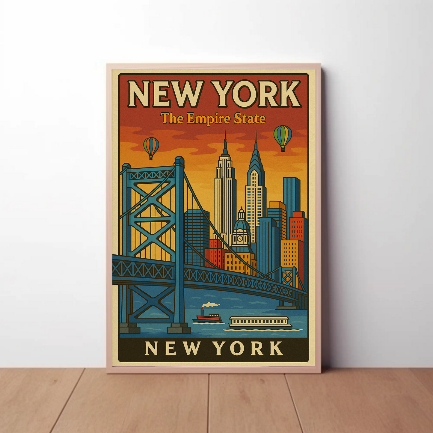 New York Empire State Skyline Bridge Vintage Poster