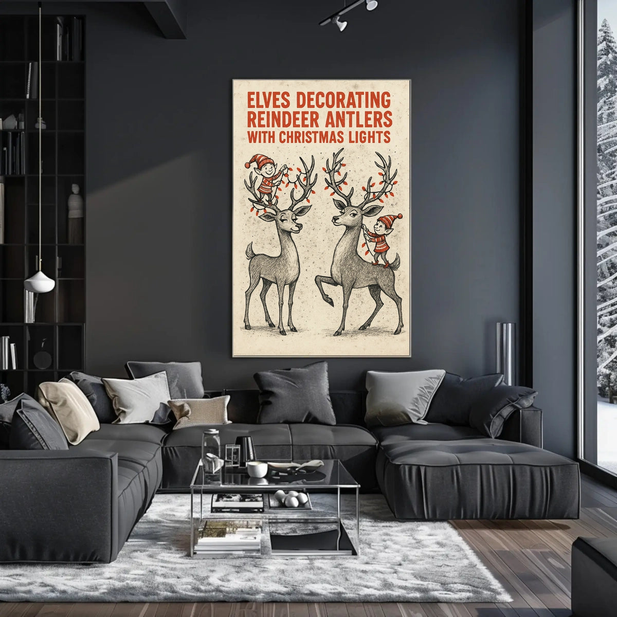 Elves Decorating Reindeer Antlers Poster