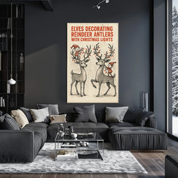 Elves Decorating Reindeer Antlers Poster