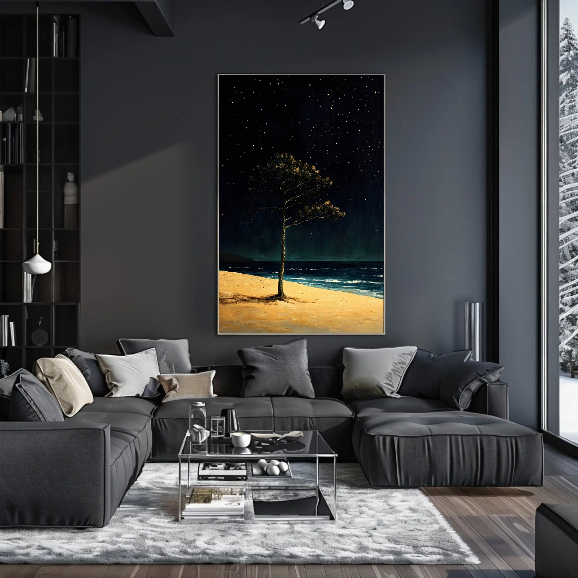 Solitary Tree Poster Starry Night Minimalist Beach