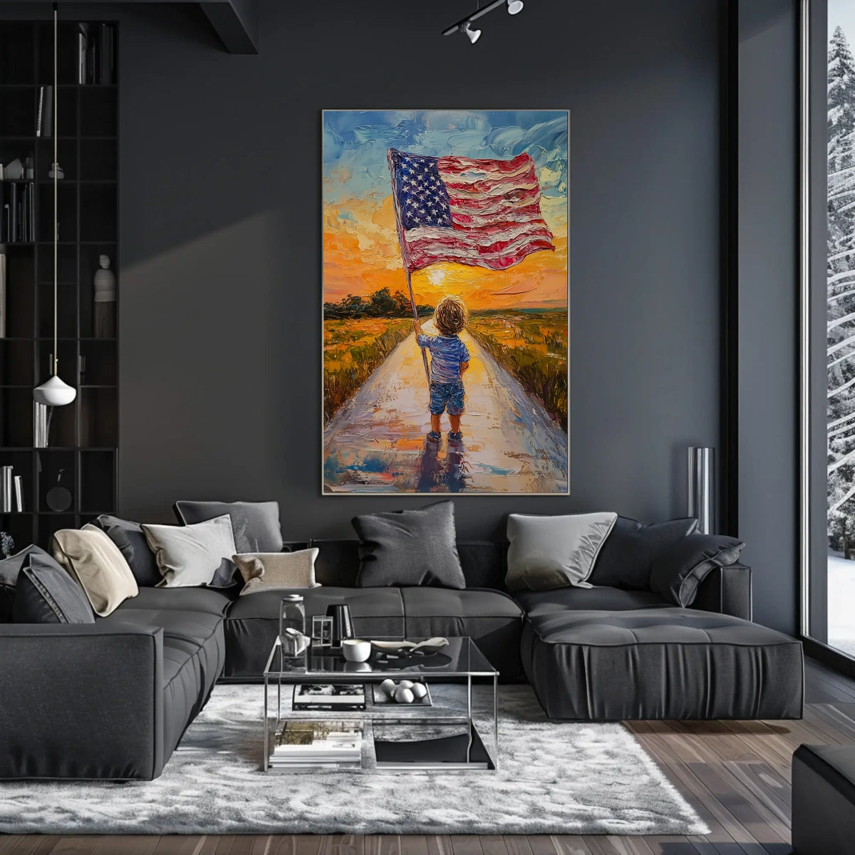 Child Holding American Flag On Sunset Dirt Road Poster