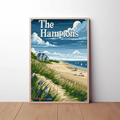 The Hamptons Beach Dunes House Umbrellas Travel Poster