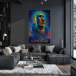 The poster showcases Easter Island, with a focus on the iconic Moai statues, Travel Poster