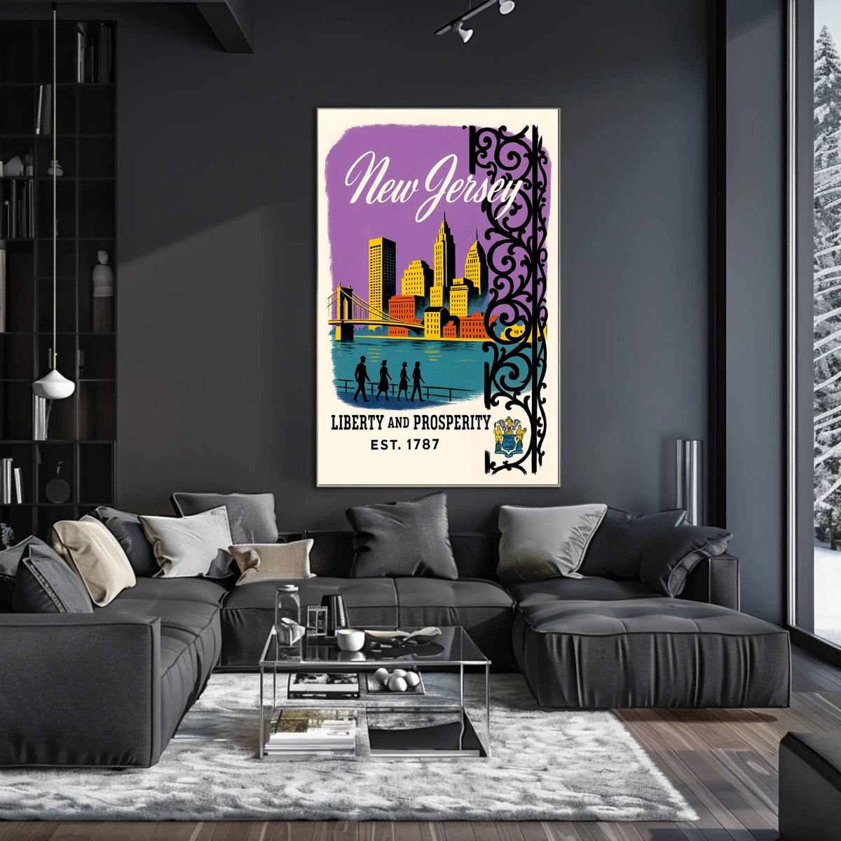 New Jersey Cityscape Bridge Purple Sky Vintage Poster