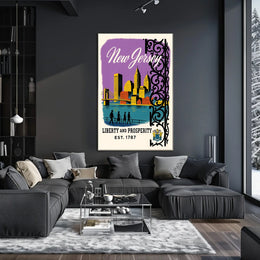 New Jersey Cityscape Bridge Purple Sky Vintage Poster