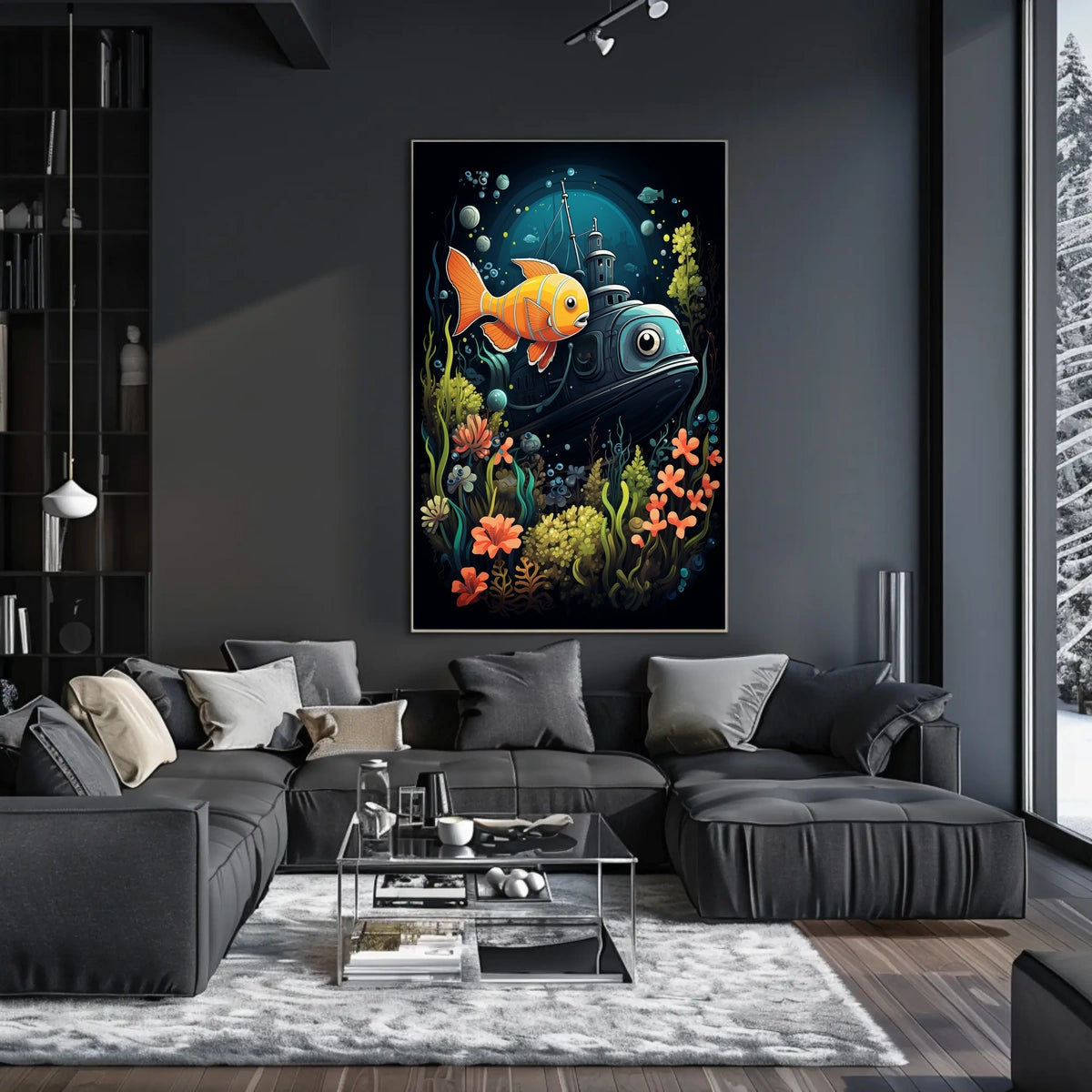 Underwater Adventure: Vintage Submarine and Orange Fish Poster