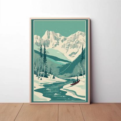 Snowy Alpine Mountain Rowboat Scene Travel Poster