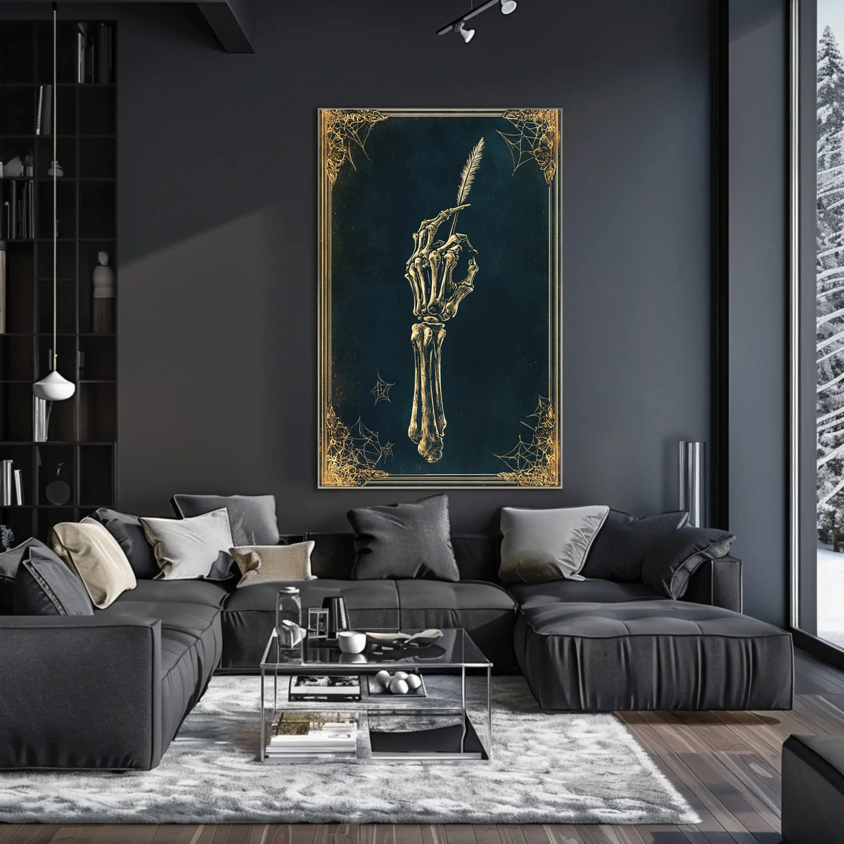 The poster depicts a skeletal hand holding a quill pen, set against a Travel Poster
