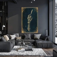 The poster depicts a skeletal hand holding a quill pen, set against a Travel Poster