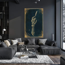 The poster depicts a skeletal hand holding a quill pen, set against a Travel Poster