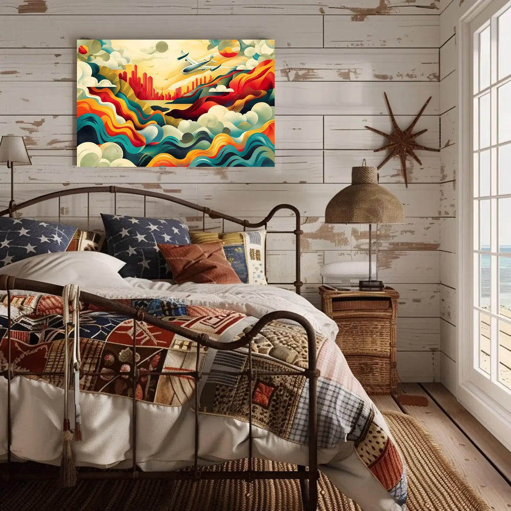 The poster features a vibrant and dynamic abstract illustration depicting an airplane soaring Travel Poster