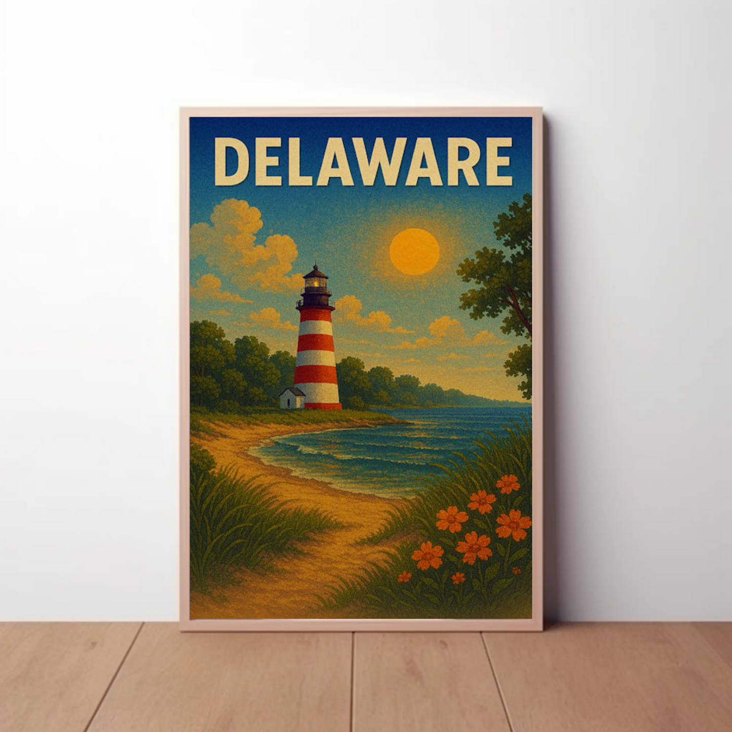 Delaware Striped Lighthouse Sunset Beach Travel Poster