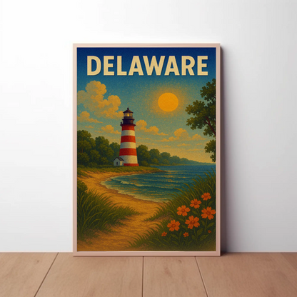Delaware Striped Lighthouse Sunset Beach Travel Poster