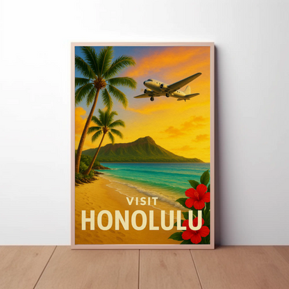 Visit Honolulu Hawaii Vintage Plane Palm Beach Travel Poster