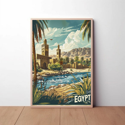Egypt Desert Mosque and River Travel Poster