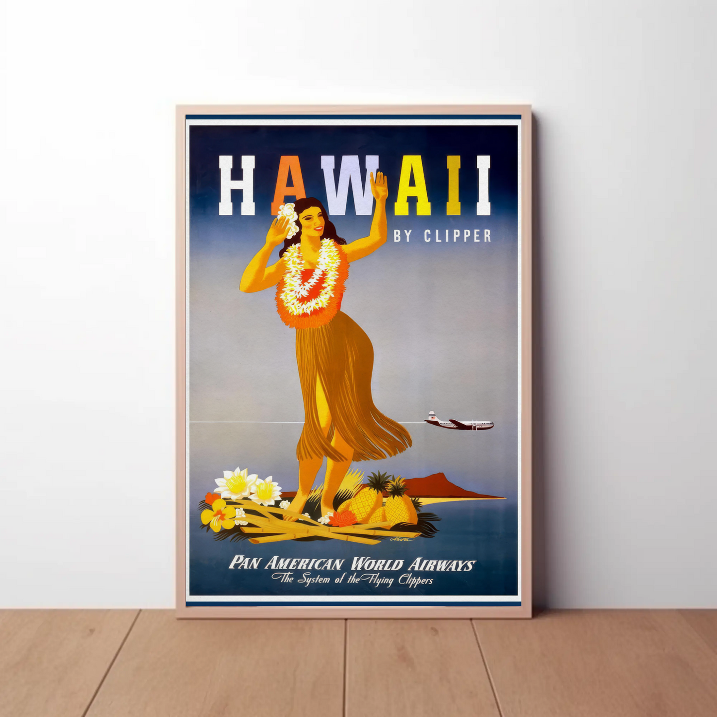 Pan Am Hawaii Hula Dancer Island Sunset Travel Poster