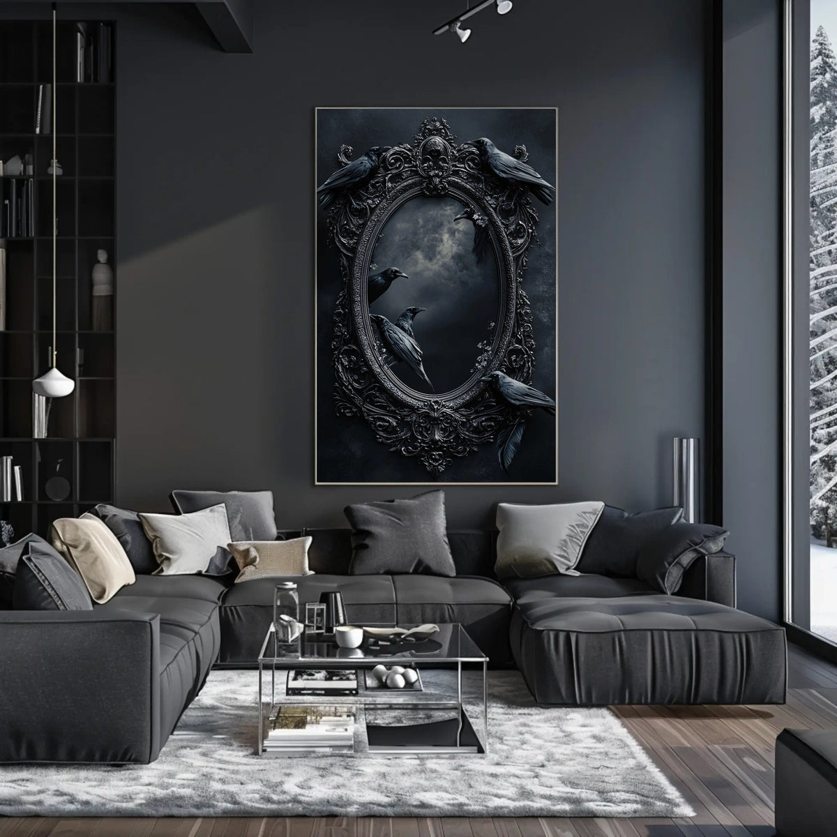 Gothic Baroque Mirror with Ravens Artistic or Pop Culture Poster