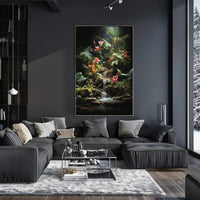 Tropical Paradise: Lush Botanical Poster Featuring Birds and Waterfall