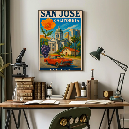San Jose California Church Grapes Car Vintage Travel Poster