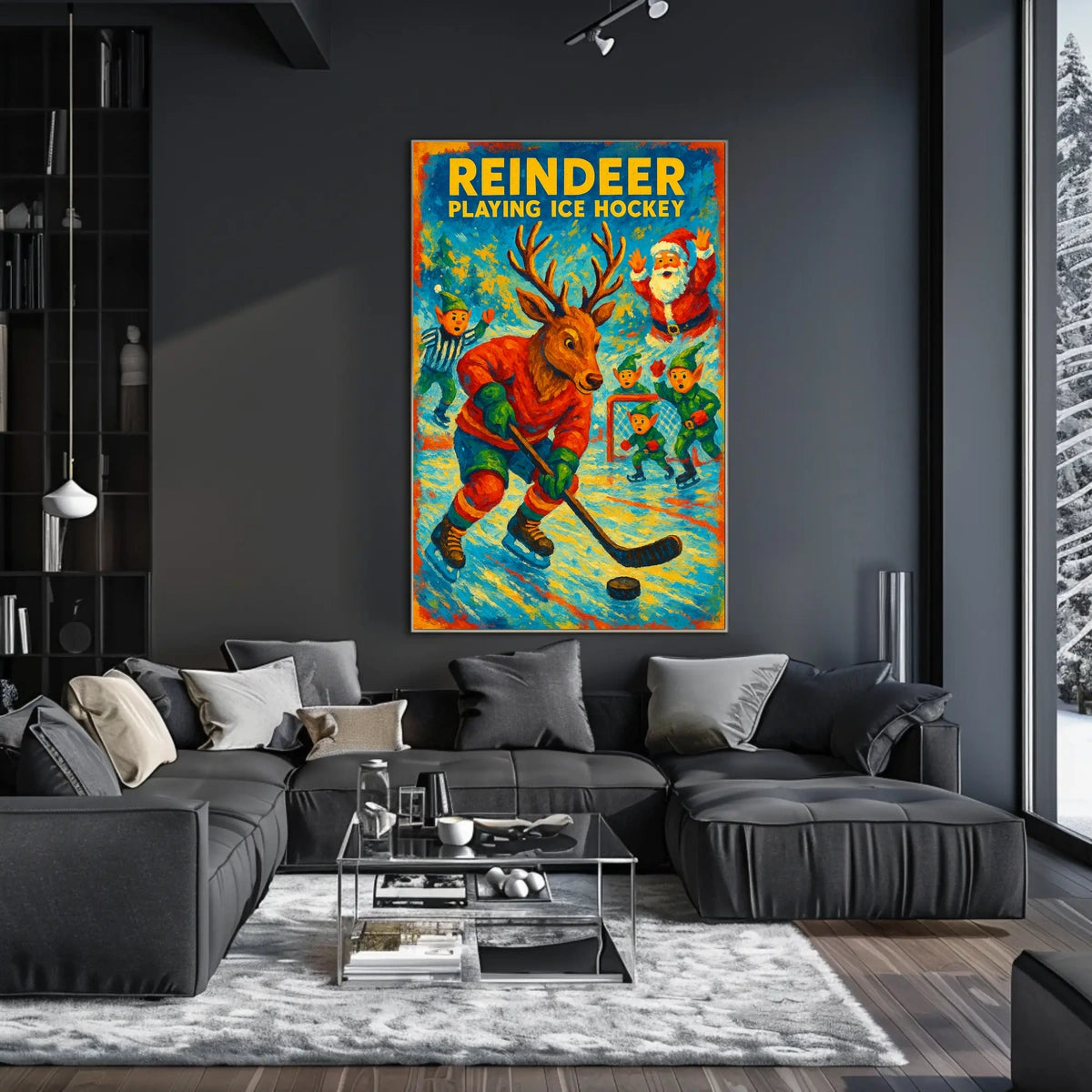 Reindeer Playing Ice Hockey Poster