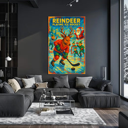 Reindeer Playing Ice Hockey Poster