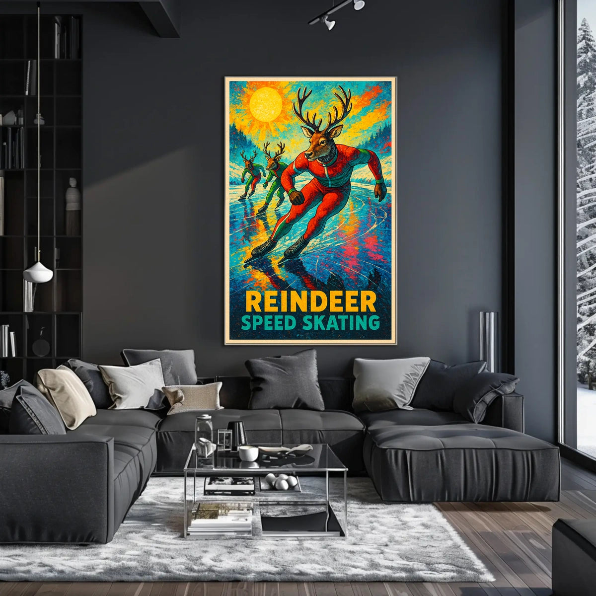 Reindeer Speed Skating Vintage Winter Sports Poster