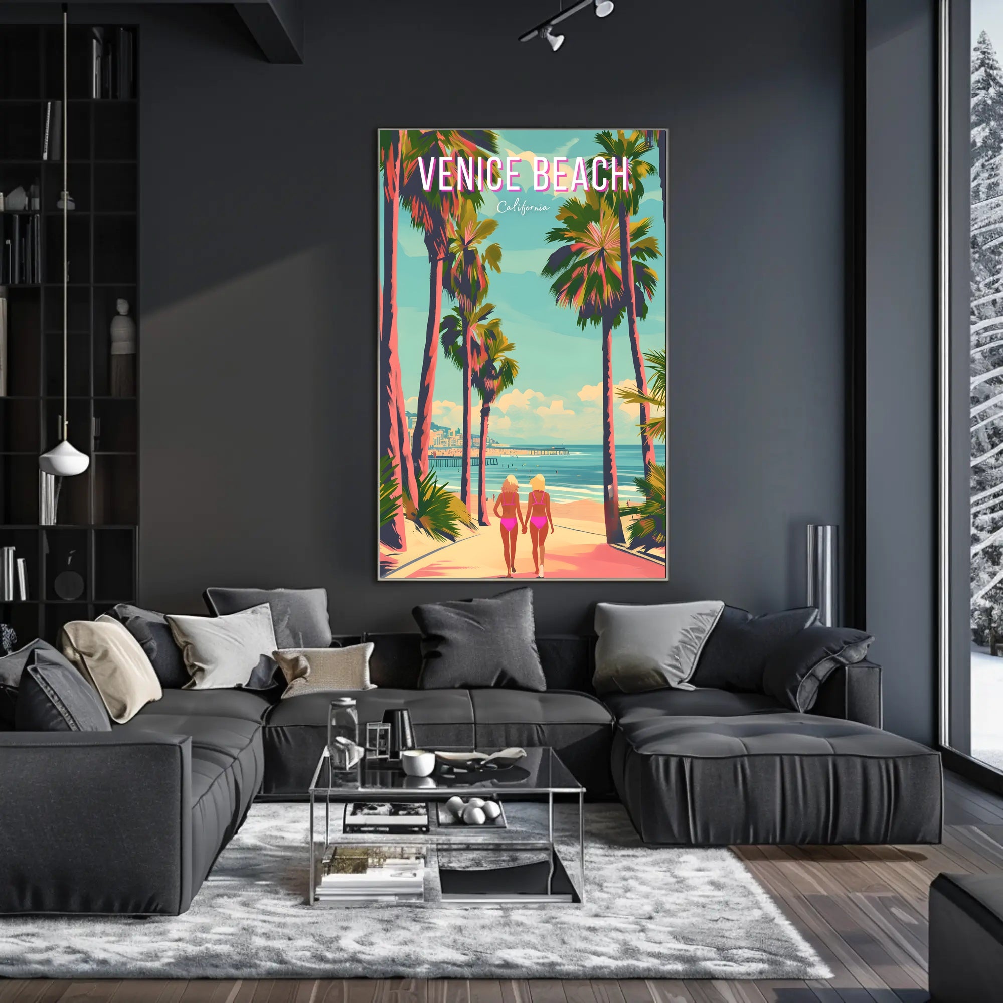 Venice Beach Vintage Travel Art with Palm Trees Scene Travel Poster