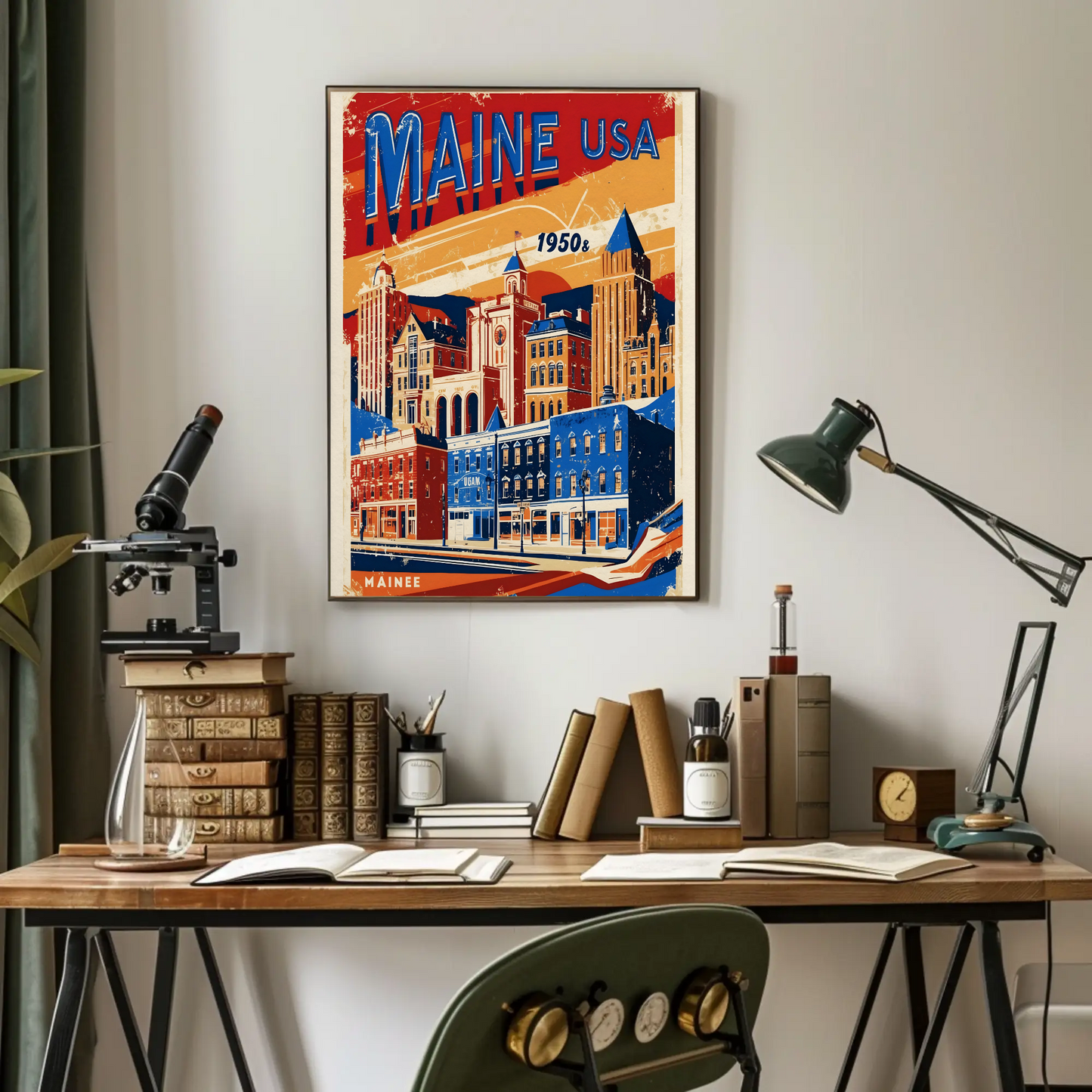 Maine USA 1950s Seaside Townscape Vintage Maroon Travel Poster