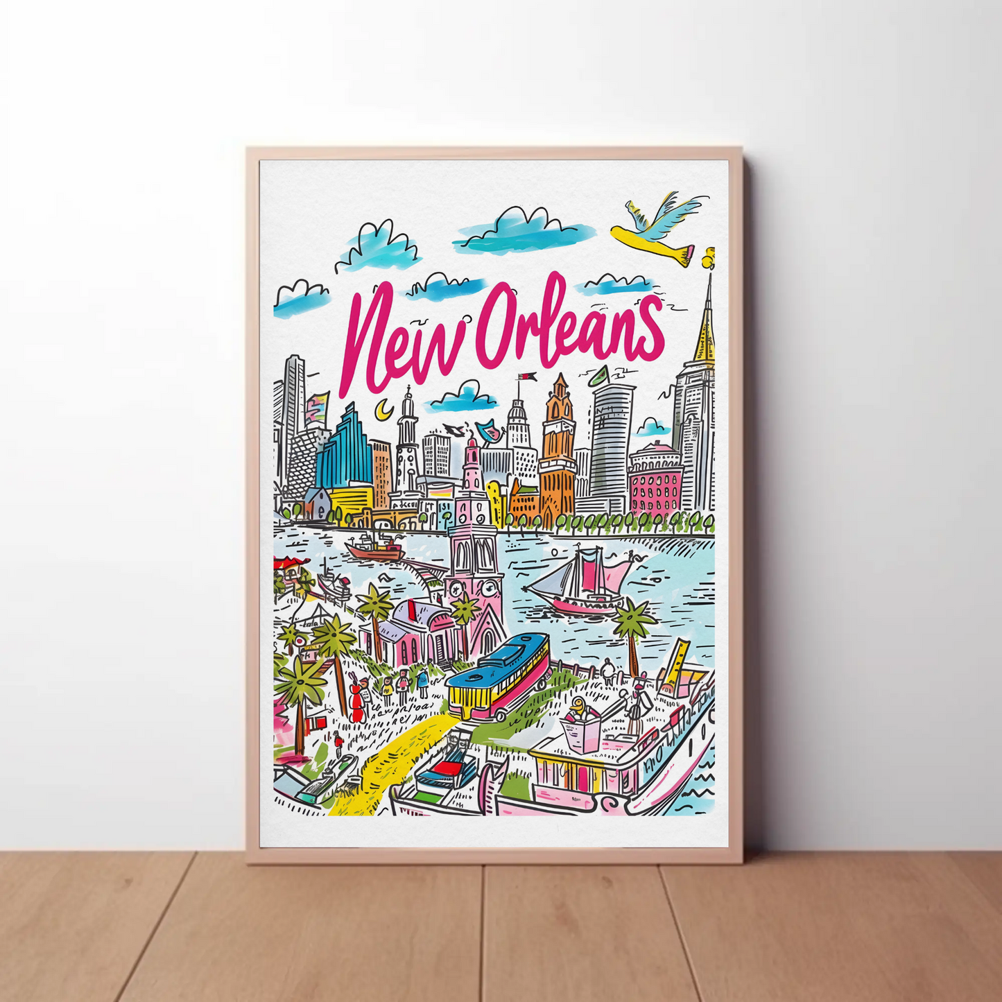 New Orleans Louisiana Colorful Riverside Cityscape Travel Poster