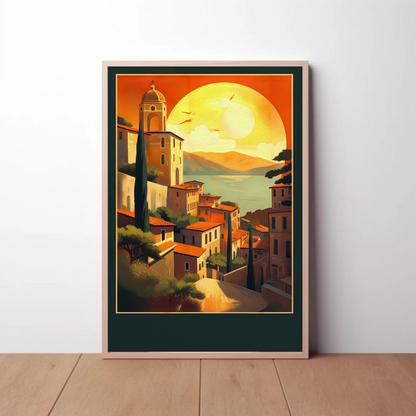 Sunset Over Mediterranean Village Coastline Travel Poster