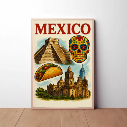 Mexico Pyramid Taco Skull Cathedral Culture Poster